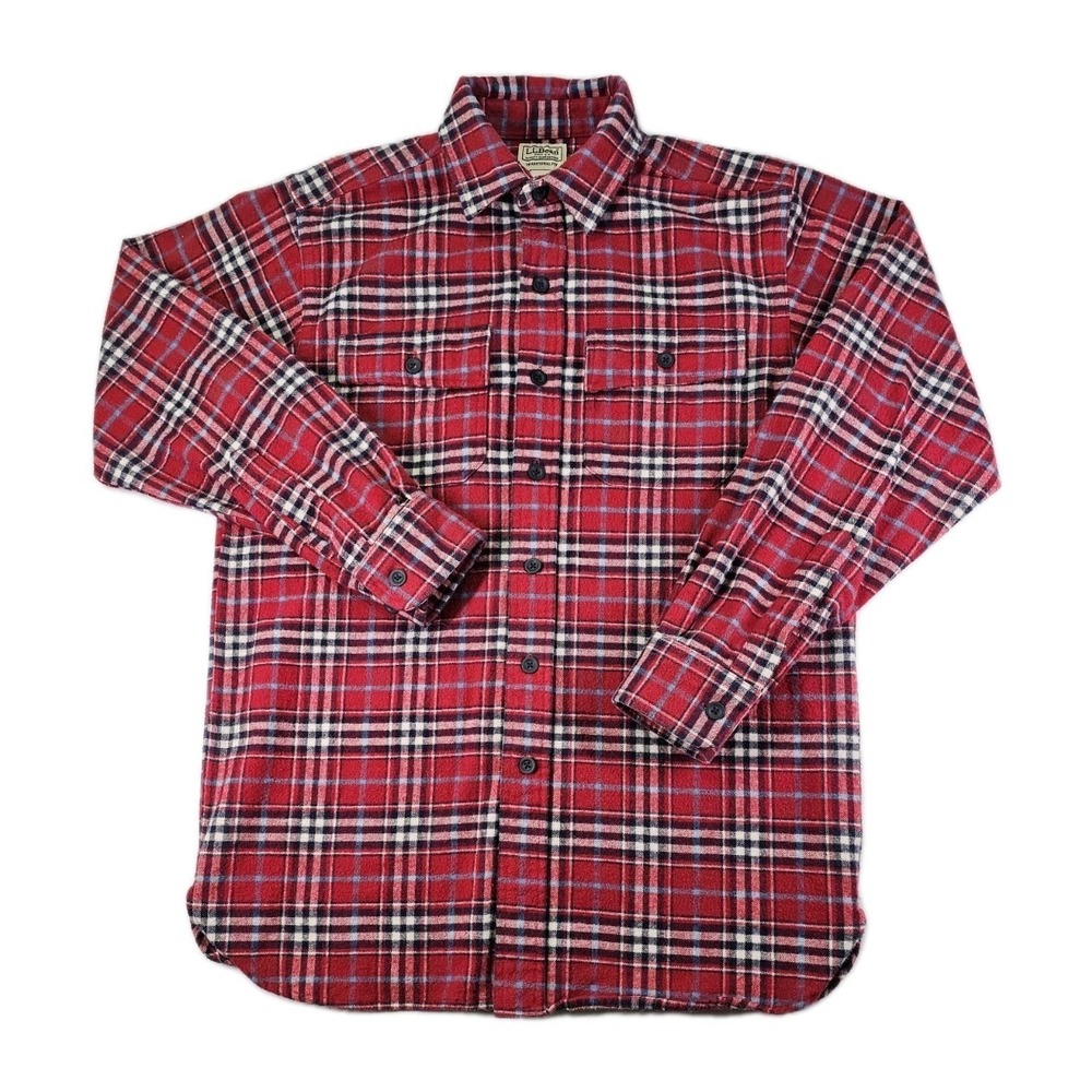 LL Bean Traditional Fit Mens S Chamois Shirt Red Tartan Plaid Button Up 277981